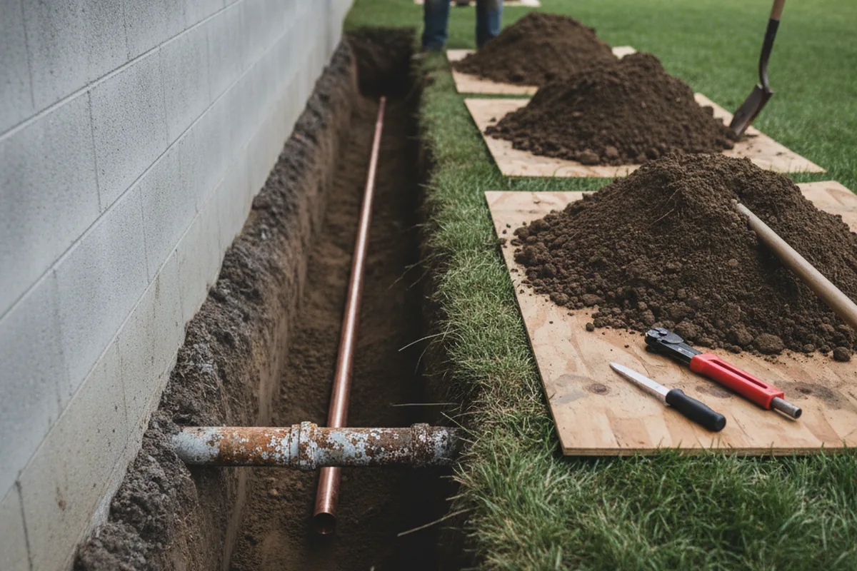 Excavated water line trench during Water Softener Installation in Glade Valley